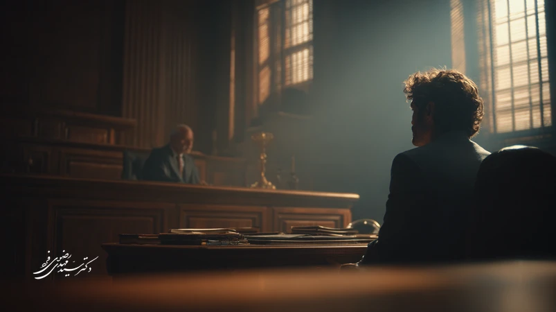 وکیل در حال ارائه استدلال در دادگاه؛ نمایش بصری هنر اقناع با تمرکز بر قاضی، روایت و ادله برای تصمیم‌گیری قضایی