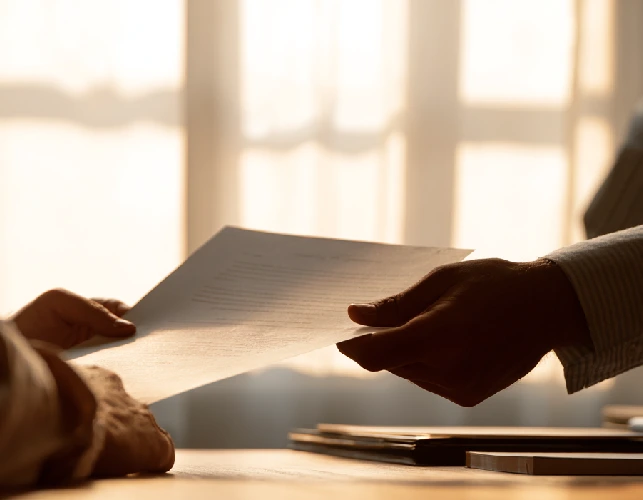 تحویل و بررسی یک سند حقوقی میان وکیل و موکل در فضایی آرام و حرفه‌ای