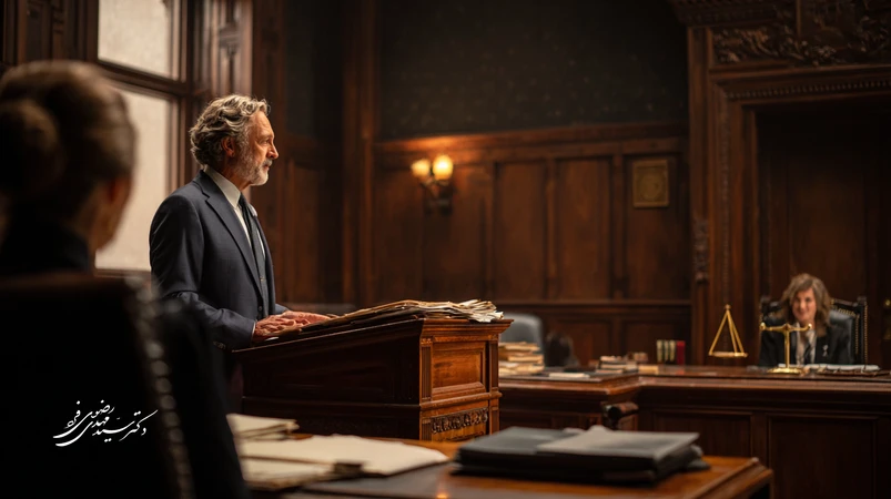 تصویر وکیل کیفری در دادگاه ایران در حال ارائه دفاع؛ نماد اقناع در دادگاه با تمرکز بر لحن، روایت مستند و منطق حقوقی در برابر قاضی.