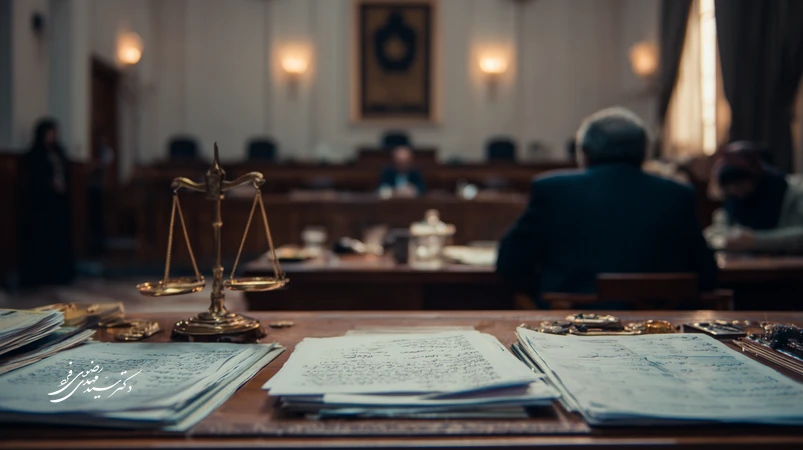 تصویر حرفه‌ای از صحنه دادگاه کیفری در ایران با میز چوبی، ترازوی عدالت و پرونده تجدیدنظر؛ فضای رسمی برای راهنمای تجدیدنظرخواهی کیفری.