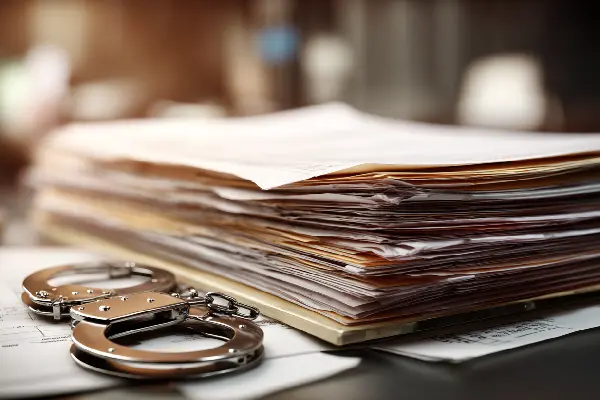 پرونده‌های قطور کیفری روی میز کار همراه با یک جفت دستبند، نمادی از روند دادرسی و رسیدگی به پرونده‌های جنایی.