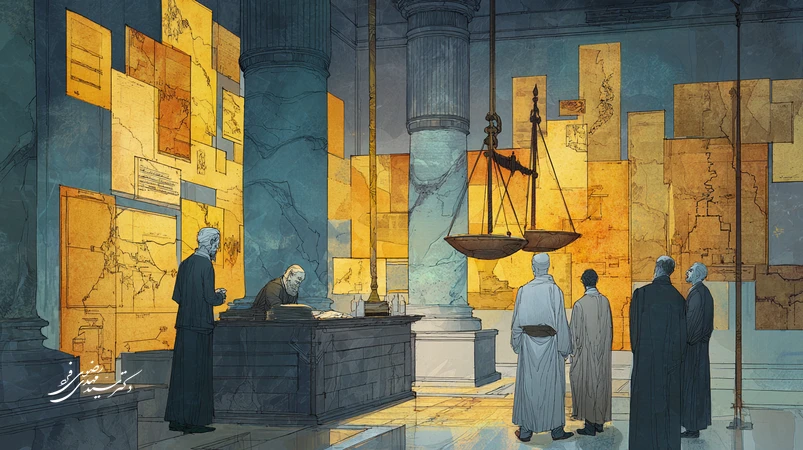 تصویر مفهومی از دادگاه کیفری ایران با وکیل دفاع و قاضی، پیوند بلاغت یونانی و منطق حقوقی معاصر و نمادهای اقناع حقوقی در مسیر کشف حقیقت