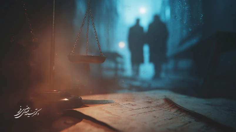 تصویر نمادین دفاع مشروع در پرونده قتل با نمایش وضعیت خطر قریب‌الوقوع، حالت دفاعی و ترازوی عدالت در فضای حقوق کیفری ایران