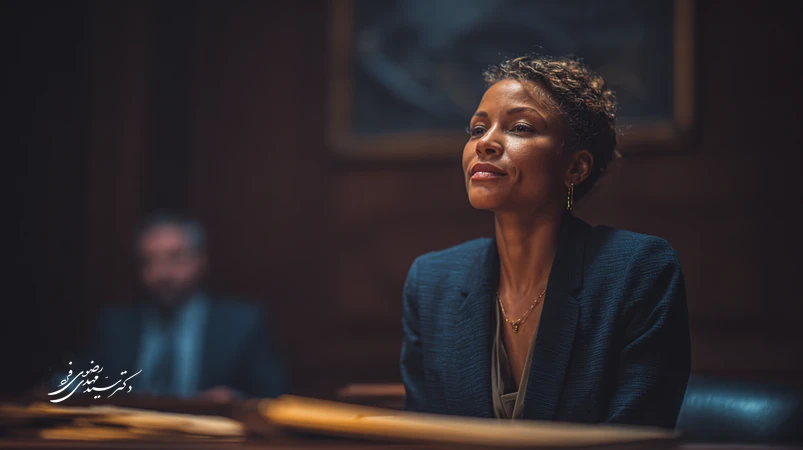 تصویر دادگاه با وکیل در حال ایراد خطابه‌ دفاعی؛ تمرکز بر لحن سنجیده، شواهد و اقناع قاضی در چارچوب اخلاق و ساختار بلاغی