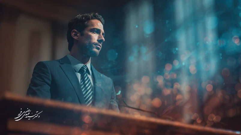 تصویر وکیل کیفری در دادگاه با تمرکز و آرامش؛ نمادهای روان‌شناسی دفاع، تنظیم هیجان و انسجام روایت برای یک دفاع مؤثر