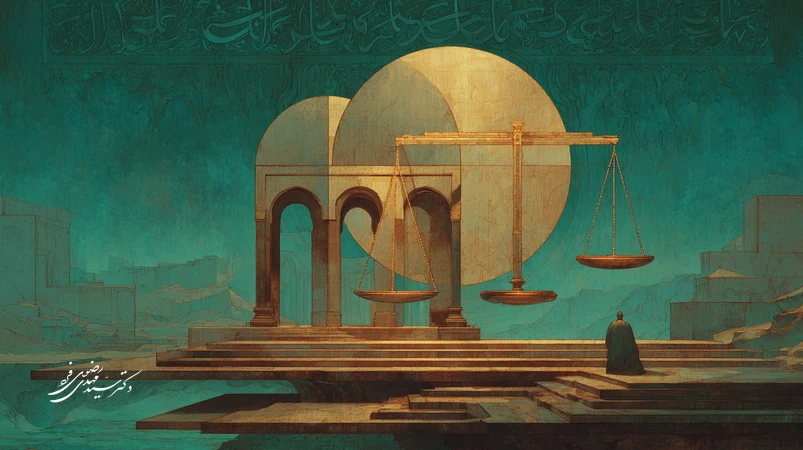تصویر هنری عدالت الهی با ترازوی نورانی، خوشنویسی قرآنی و هاله‌ای از رحمت و میزان؛ بازتاب رابطه انسان، قانون و اخلاق