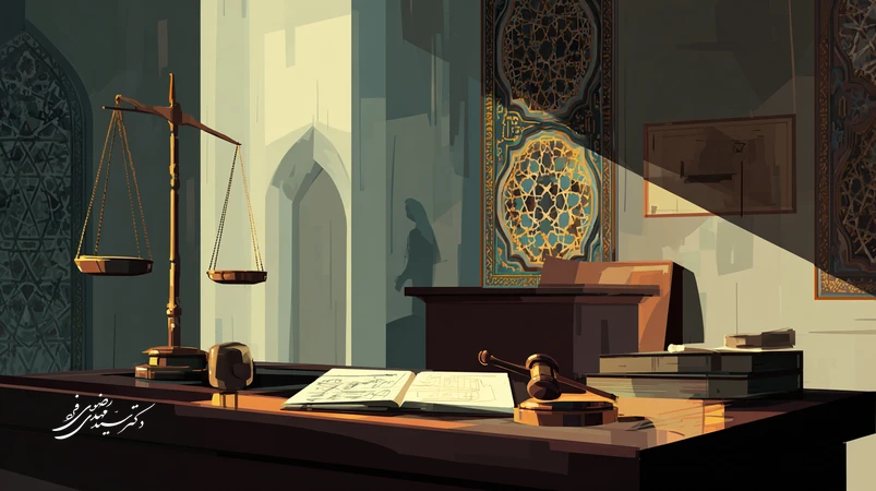 تصویر مفهومی از تعادل اخلاق و قانون در دادرسی کیفری با ترازو، نماد کرامت انسانی و فضای دادگاه برای حقیقت‌جویی