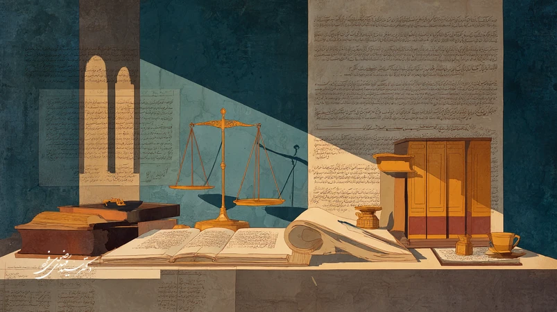 تصویر مفهومی ریشه واژه جرم با خوشنویسی J-R-M، ترازو و اسناد حقوقی؛ پیوند متن‌های کهن با حقوق کیفری مدرن ایران