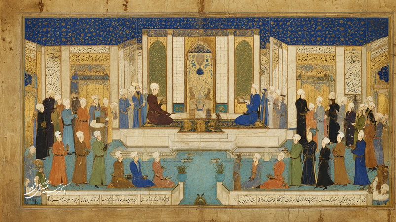 عدالت در مینیاتور ایرانی با ترازوی پنهان؛ صحنه‌ای متقارن با رنگ‌های لاجوردی و زرین که روایت حق و باطل را با ترکیب‌بندی و نگاه‌ها می‌سنجد