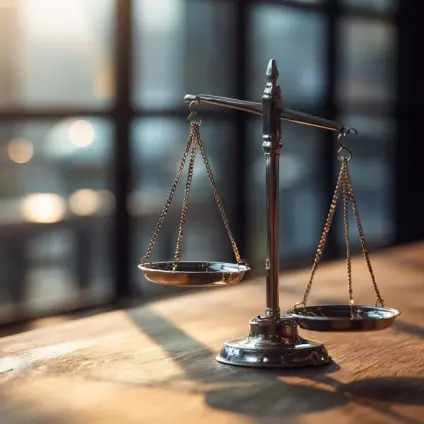 ترازوی عدالت روی میز چوبی در یک دفتر حقوقی با نور گرم و فضای رسمی