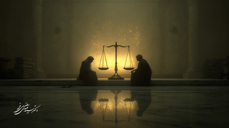 تصویر عدالت در دادگاه ایرانی با ترازوی میانی میان رنج قربانی و متهم، با الهام از آیات قرآن و نوری آرام؛ توازن رحمت و مسئولیت در دادرسی.