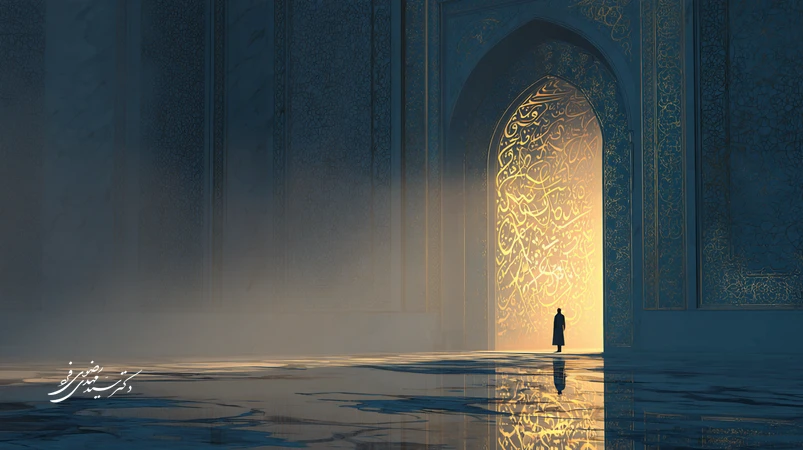 تصویر مفهومی کرامت انسانی در قرآن با هاله‌ای از نور و الگوهای اسلامی؛ نماد جایگاه انسان، عدالت الهی و حق شنیده‌شدن