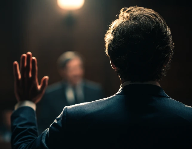 وکیل در حال همراهی و راهنمایی موکل از نمای پشت در فضای دادگاه