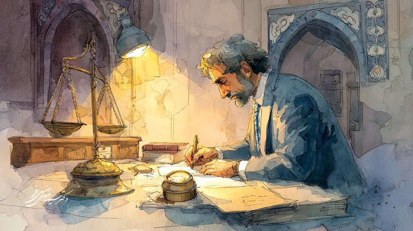 نامه‌ای به عدالت؛ تصویر وکیلی که در فضای دادگاه ایرانی نامه‌ای درباره رنج حقیقت و امید به حکم درست می‌نویسد با ترازوی عدالت و اسناد حقوقی