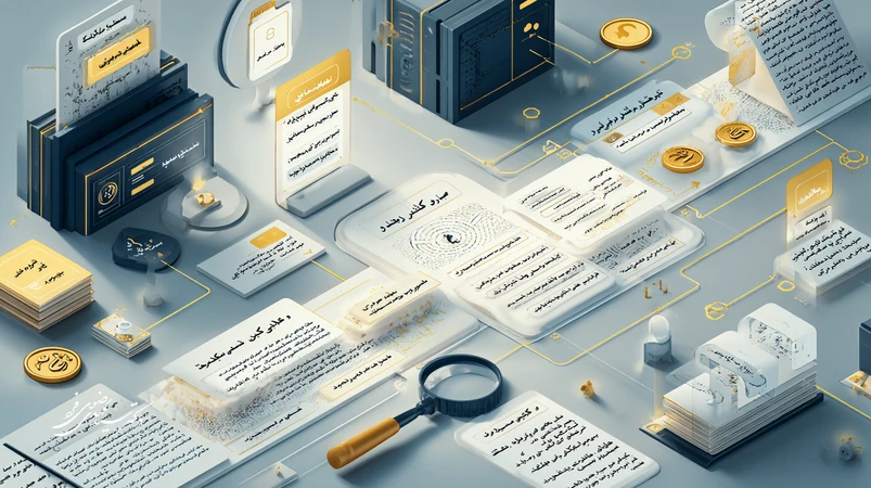 تصویر مفهومی پولشویی در ایران با نمایش سه مرحله جاسازی، لایه‌سازی و ادغام، گردش حساب مشکوک و اسناد بانکی برای شناسایی و اثبات