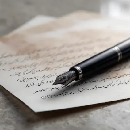 خودنویس مشکی بر روی صفحه‌ای با متن دست‌نویس فارسی در فضایی رسمی و ادبی