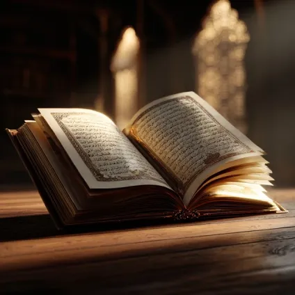 تصویر یک کتاب قطور و گشوده با نور گرم و آرام، نماد پیوند قرآن، عدالت و انسان.
