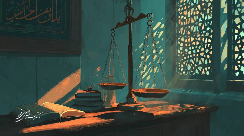 تصویر مفهومی عدالت در قرآن با ترازوی تعادل، خوشنویسی «العدل» و نوری آرام؛ پیوند رحمت، حقیقت و مسئولیت در قضاوت امروز