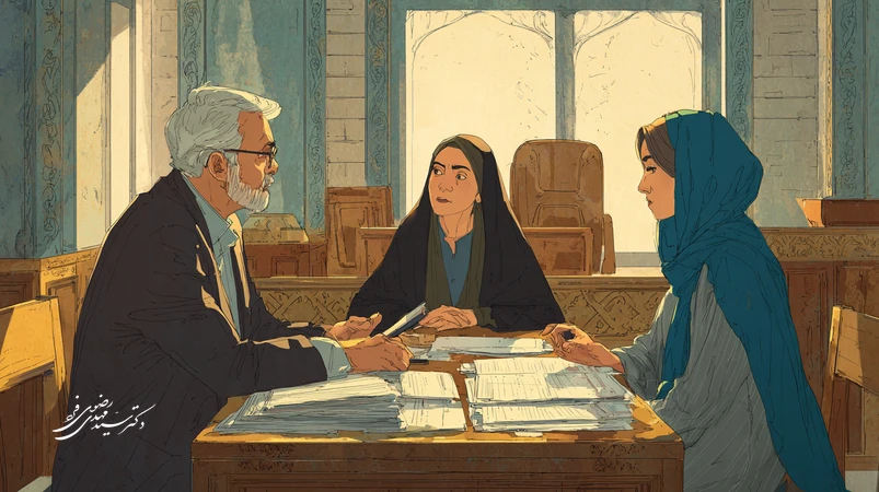 تصویر دادگاه خانواده ایران درباره ترک انفاق؛ گفت‌وگوی زوج مقابل قاضی با اسناد بانکی و پیام‌ها به‌عنوان ادله، در فضایی رسمی و حرفه‌ای.