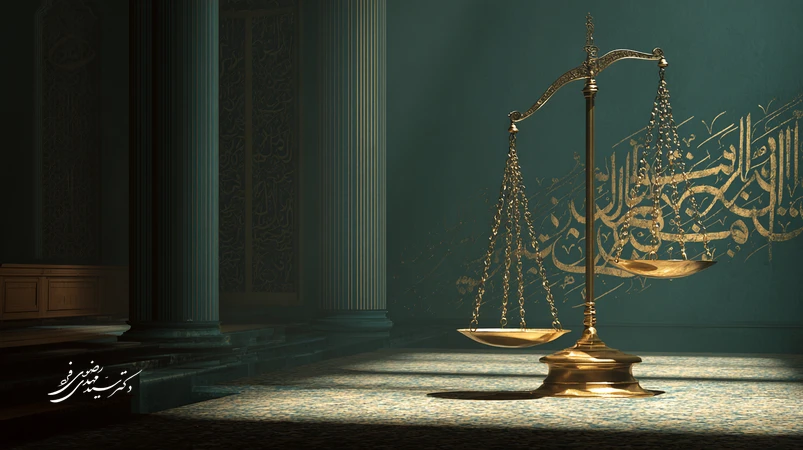تصویر مفهومی عدالت با ترازو، خوشنویسی «عدل»، «قسط» و «میزان» و تلفیق فقه، قرآن و حقوق مدرن در فضای دادگاه ایرانی