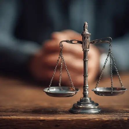 ترازو روی میز چوبی با دستان فرد در پس‌زمینه؛ نمادی از اندیشه دفاع و سنجش منصفانه حق و عدالت.