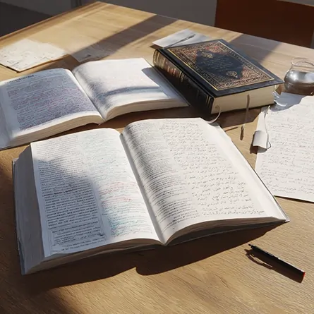 کتاب‌های حقوقی و متون دست‌نویس روی میز روشن؛ نمایی از پژوهش، تأمل و پیوند اندیشه دفاع با منابع فقهی و حقوقی.