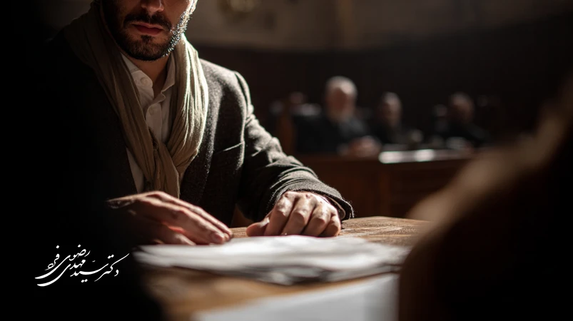 وکیل مدافع ایرانی در دادگاه، با تمرکز روی دست‌ها و اسناد روی میز، نشان‌دهنده نقش زبان بدن در دفاع کیفری و ادراک قاضی
