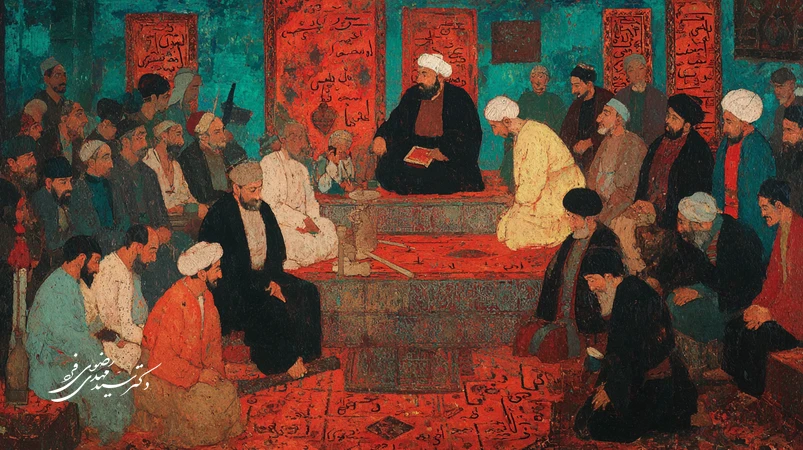 نقاشی قهوه‌خانه‌ای از صحنه قصاص با نور موضعی، رنگ قرمز و شخصیت‌های اولیای‌دم، متهم و قاضی؛ بازنمایی عدالت مردمی در هنر ایران