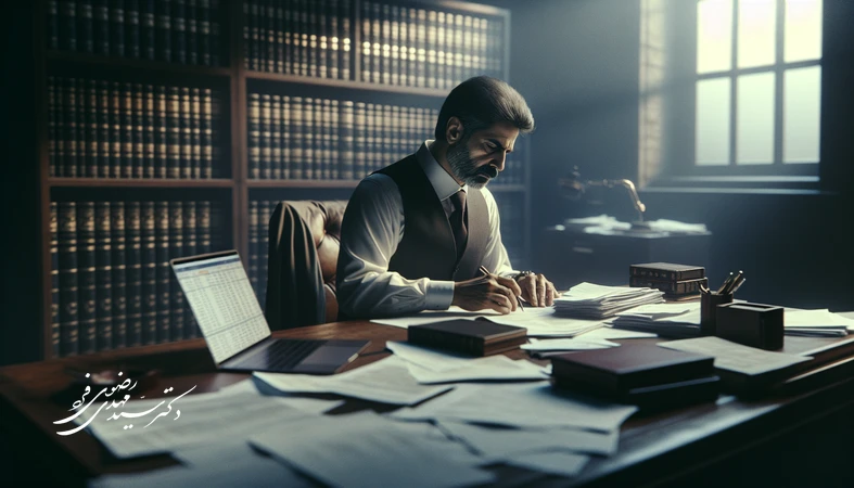 وکیل ایرانی در حال بررسی اسناد پرونده مالی پیچیده و طراحی استراتژی دفاع کیفری پشت میز پر از مدارک