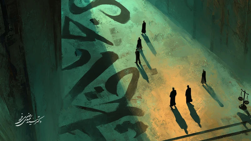 تصویر مفهومی از سنگینی واژه جرم در دادگاه؛ سایه‌ای که بر مسیر سرنوشت انسان‌ها و ترازوی عدالت می‌افتد، با حال‌وهوای ایرانی و حس قضاوت انسانی