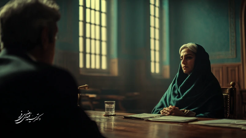 تصویری مفهومی از جلسه دادگاه در ایران با تأکید بر زبان بدن و ده خطای رفتاری که می‌تواند برداشت قاضی را تغییر دهد.