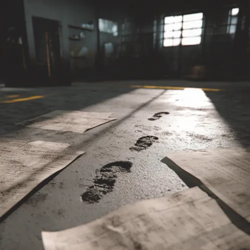 چراغ‌قوه روشن روی زمین صحنه جرم، در کنار نوار هشدار و کیسه شواهد با پس‌زمینه تاریک.