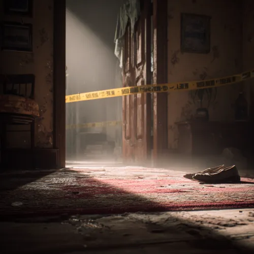 راهروی یک خانه قدیمی با نوار زرد صحنه جرم، کفش‌های رهاشده روی فرش و نور مورب واردشده از در نیمه‌باز.