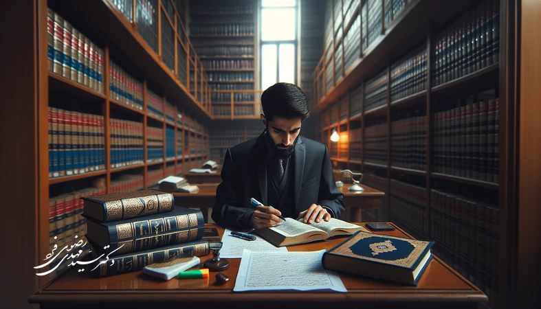 دانشجوی حقوق ایرانی در حال مطالعه کتاب‌های جرم‌شناسی و منابع قرآنی برای درک عمیق‌تر عدالت کیفری