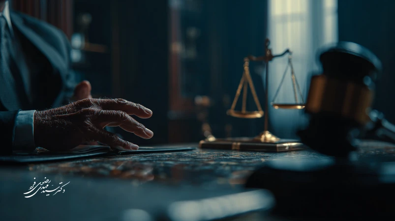 نمایی سینمایی از یک دادگاه ایرانی با وکیل در حال ارائه خطابه دفاعی، تاکید بر سکوت، مکث و انسجام استدلال برای اقناع قضایی