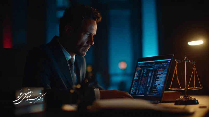 وکیل کیفری در دفتر حقوقی در حال بررسی لاگ سرور و آدرس‌های IP برای پرونده جرم هک و ورود غیرمجاز طبق قانون جرایم رایانه‌ای ایران