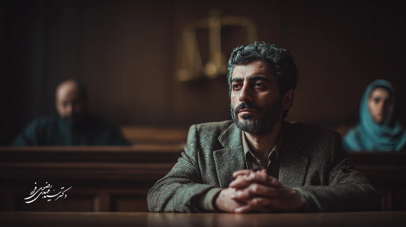 صحنه‌ای از دادگاه ایران با تمرکز بر رفتار متهم، زبان‌بدن و تماس چشمی و تأثیر آن بر ادراک قاضی در روند دادرسی