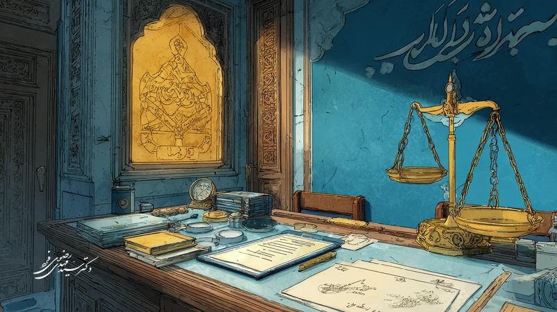 تصویر مفهومی از واژه دفاع در حقوق کیفری ایران با سپر خطاطی‌شده، ترازو و فضای دادگاه؛ پیوند زبان، اخلاق و عدالت در روایت پرونده