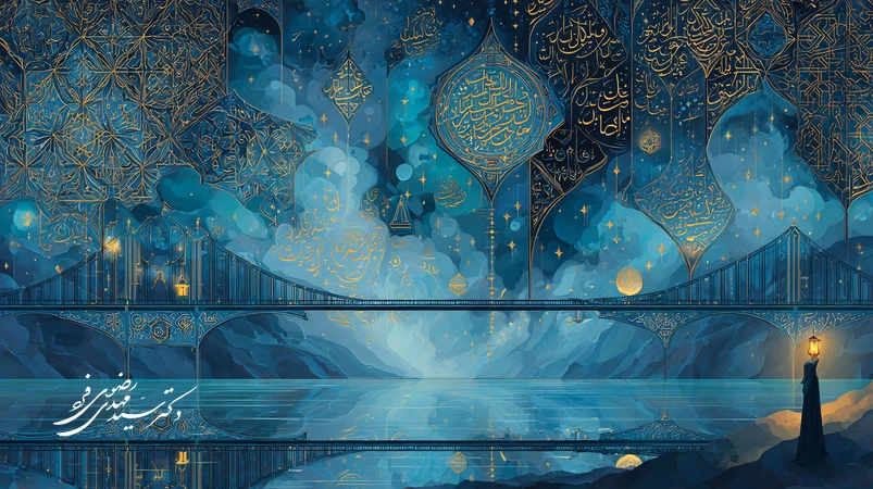 تصویری معنوی از پل نور میان آسمان و زمین با ترازوی عدالت و نقش‌مایه‌های خط عربی؛ نمادی از پیوند عدالت الهی و عدالت انسانی در پرتو قرآن
