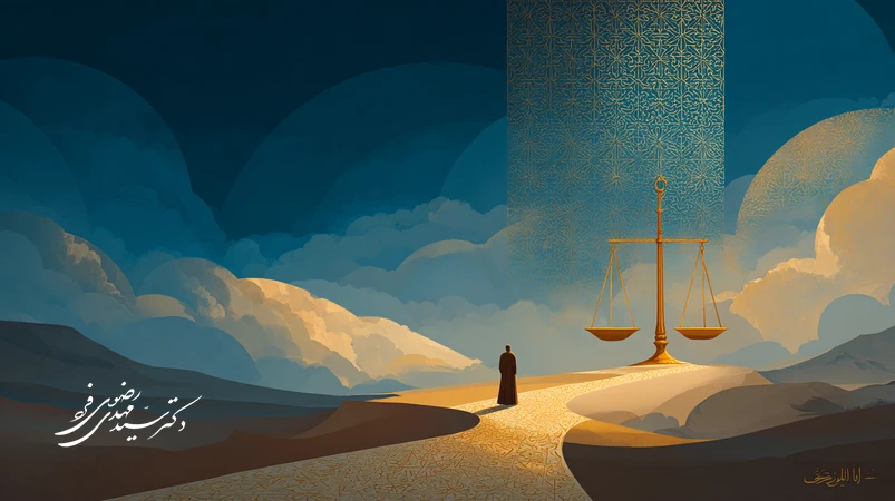 تصویر مفهومی از فلسفه مجازات الهی با ترازوی عدالت، مسیر بازگشت و نور رحمت بر پایه پیام‌های قرآن؛ تأکید بر تربیت، عدالت و توبه.