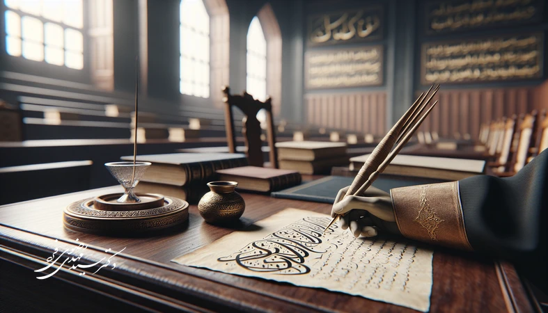 خوشنویسی آیه اعدلوا روی کاغذ در کنار قلم نی بر روی میز قاضی، نمادی از پیوند عدالت کیفری و زیبایی‌شناسی خط