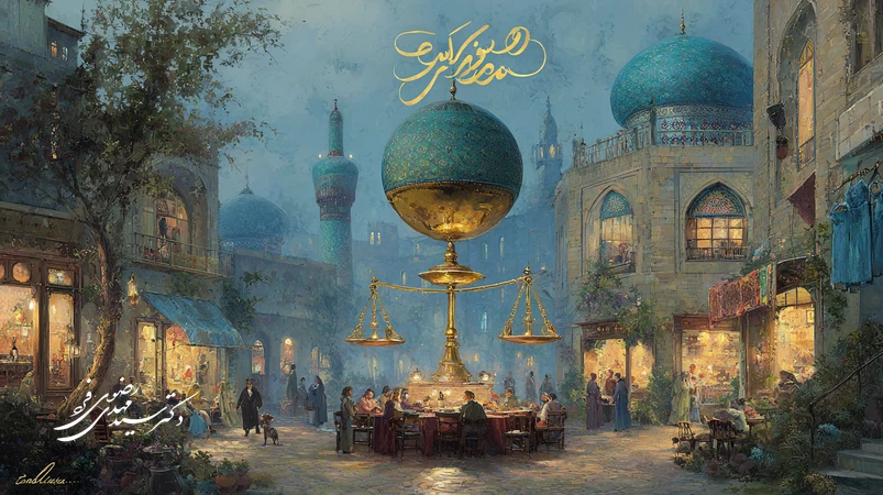 تصویر مفهومی از عدالت با ترازوی طلایی و خوشنویسی «اعدلوا» در فضایی تلفیقی از دادگاه، خانه و شهر؛ نمادی از تعادل و قضاوت انسانی.