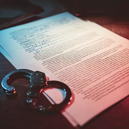 برگه‌های بازجویی و اظهارات متهم روی میز، در کنار یک جفت دستبند؛ نمادی از روند دادرسی، ثبت اظهارات و آغاز فرآیند دفاع کیفری