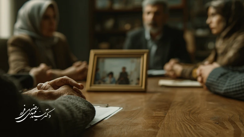 جلسه مصالحه کیفری میان خانواده شاکی و متهم با حضور وکیل در فضایی آرام، تمرکز بر اسناد حقوقی و نقش زمان و مکان در یک مصالحه مؤثر