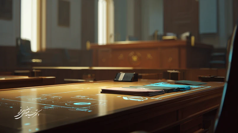 تصویر مفهومی از روایت دفاعی مؤثر در دادگاه کیفری ایران؛ میز وکیل با خطوط زمانی، اسناد پزشکی قانونی، لاگ تماس و سرنخ‌های دیجیتال که روایتی منسجم می‌سازند.