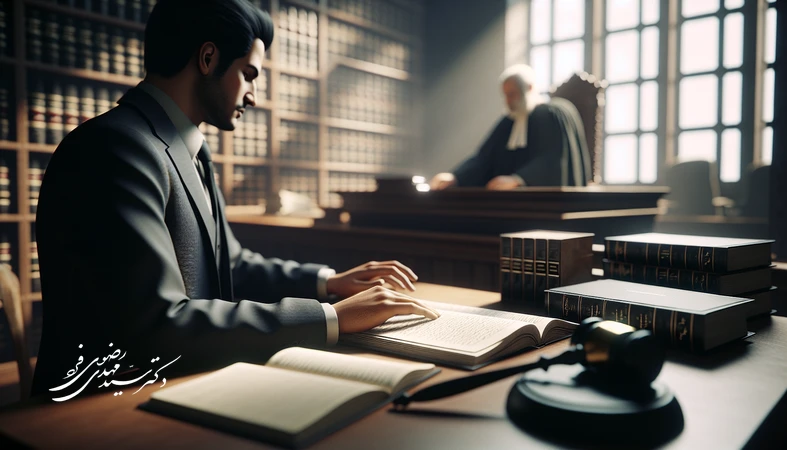 صحنه‌ای از دادگاه ایرانی با وکیلی که در حال خطابه احساسی و دفاع حقوقی است، در کنار پرونده‌های کیفری روی میز
