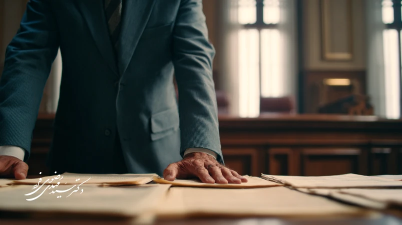 ایران؛ وکیل دادگستری در دادگاه در حال بررسی اسناد، نماد مرز میان اقناع شرافتمندانه و فریب بلاغی در دفاع کیفری