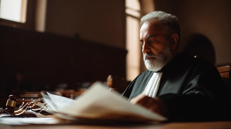 قاضی ایرانی که در سالن دادگاه کیفری در حال بررسی پرونده سنگین است؛ تصویر نمادین وظایف اخلاقی قاضی در روند رسیدگی کیفری