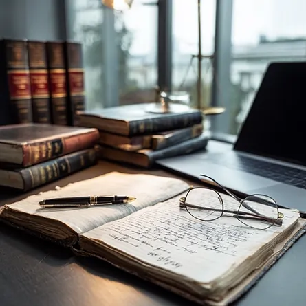 کتاب‌های حقوقی و دست‌نویس‌های قدیمی روی میز همراه با عینک و قلم؛ نمادی از مطالعه عمیق و تأمل فلسفی در ماهیت دفاع.