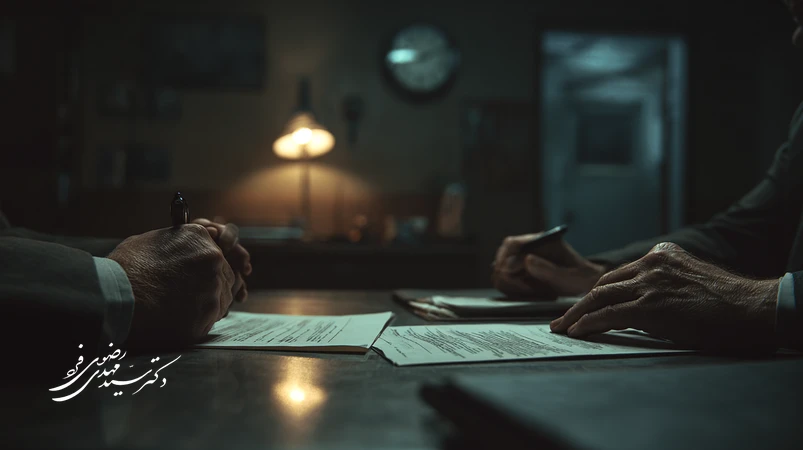نمای سینمایی از بازجویی در پرونده کیفری با حضور وکیل ایرانی و اسناد اعتراف برای بررسی اعتراف اشتباه